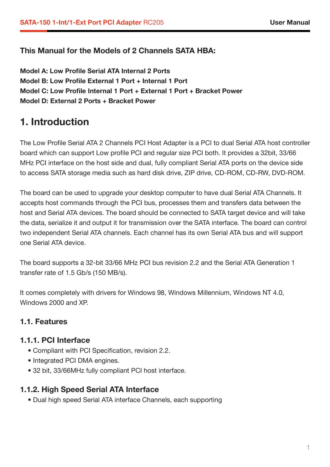 Rosewill RC205 user manual Introduction, This Manual for the Models of 2 Channels Sata HBA 