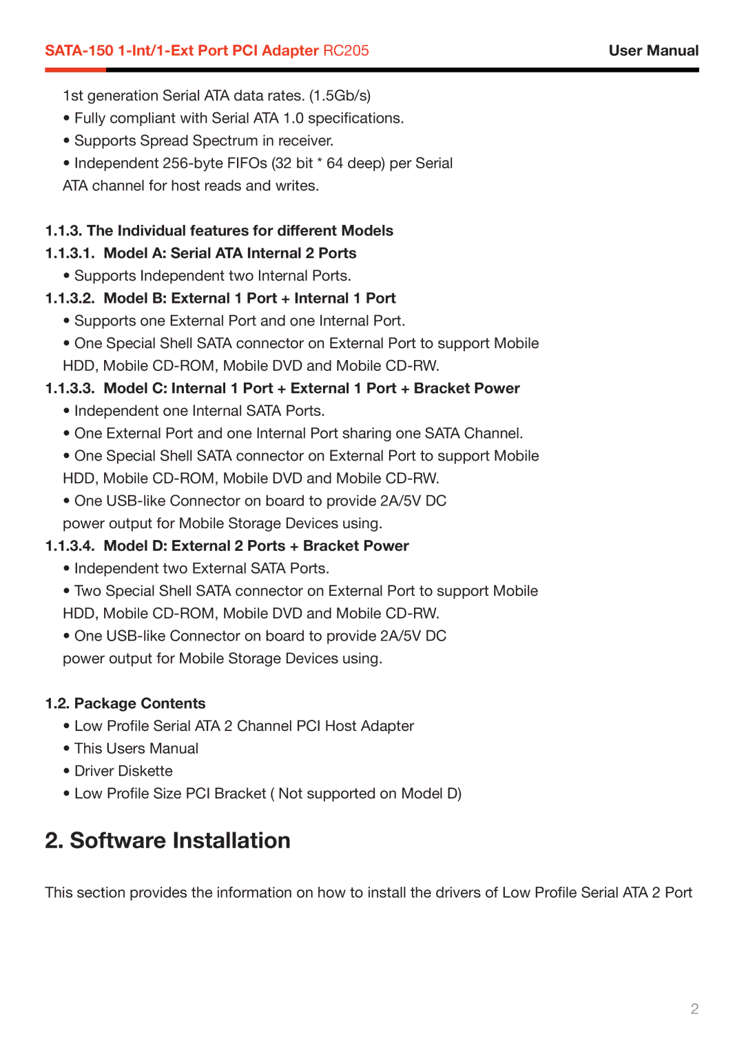 Rosewill RC205 user manual Software Installation, Model B External 1 Port + Internal 1 Port, Package Contents 