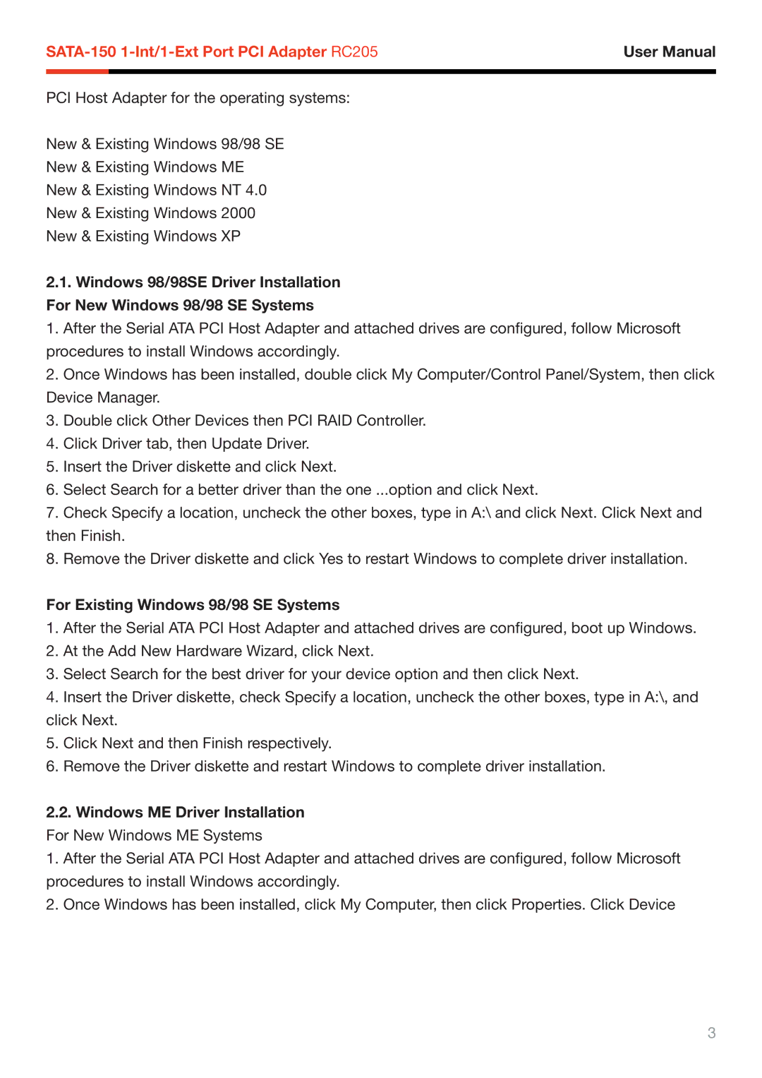 Rosewill RC205 user manual For Existing Windows 98/98 SE Systems, Windows ME Driver Installation For New Windows ME Systems 