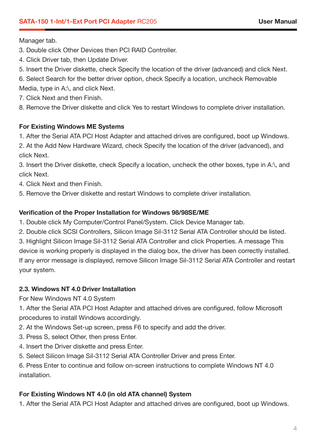 Rosewill RC205 user manual For Existing Windows ME Systems, For Existing Windows NT 4.0 in old ATA channel System 