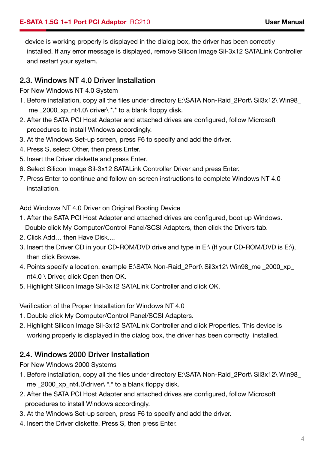 Rosewill RC210 user manual Windows NT 4.0 Driver Installation, Windows 2000 Driver Installation 