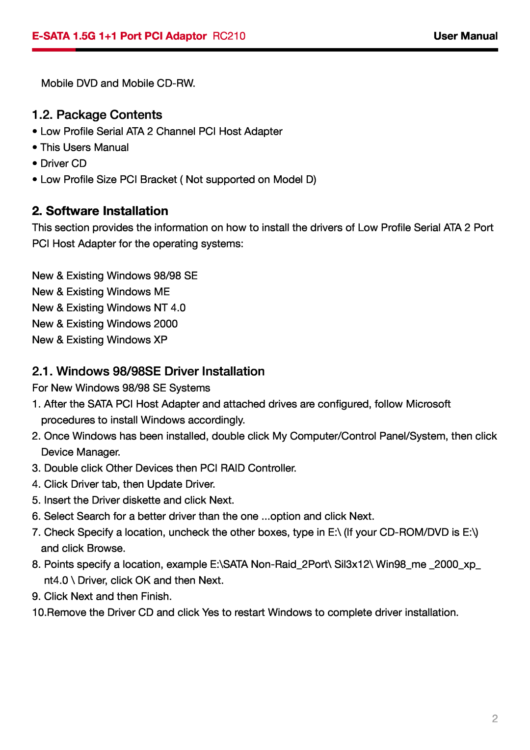 Rosewill RC210 user manual Package Contents, Software Installation, Windows 98/98SE Driver Installation, User Manual 