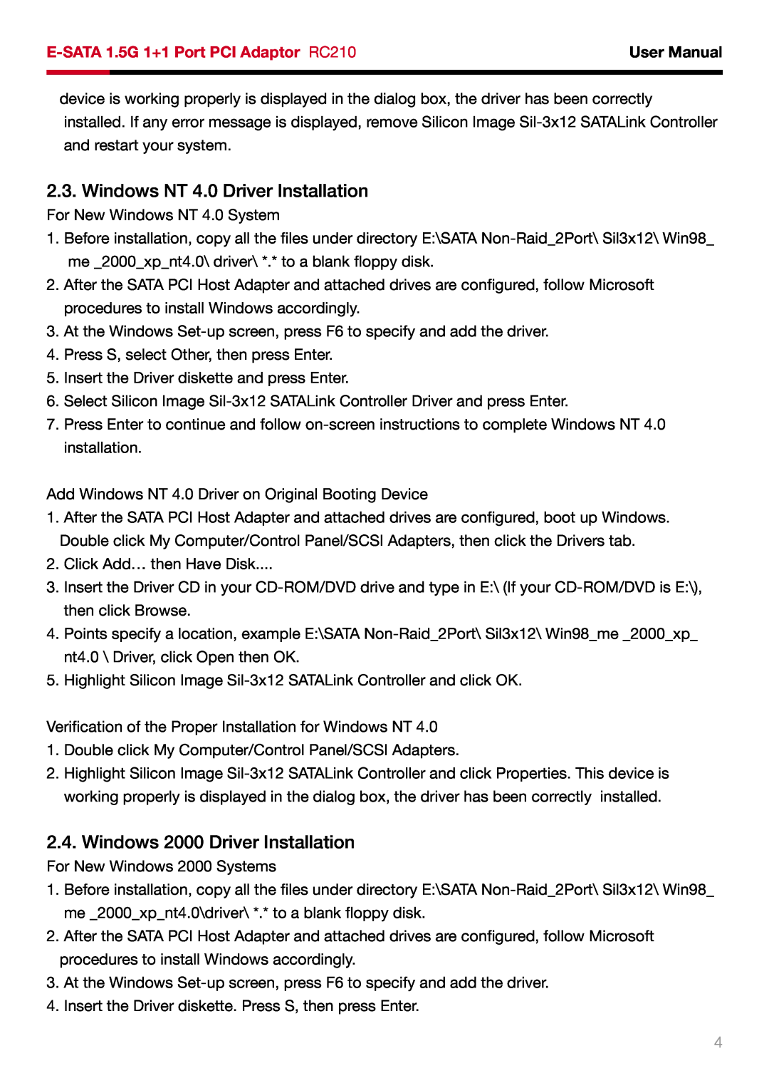 Rosewill RC210 user manual Windows NT 4.0 Driver Installation, Windows 2000 Driver Installation, User Manual 