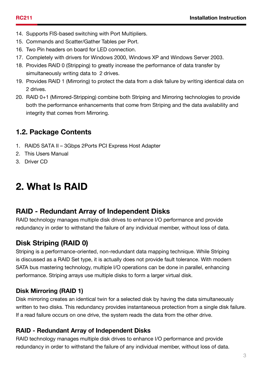 Rosewill RC211 user manual What Is RAID, Package Contents, RAID Redundant Array of Independent Disks, Disk Striping RAID 