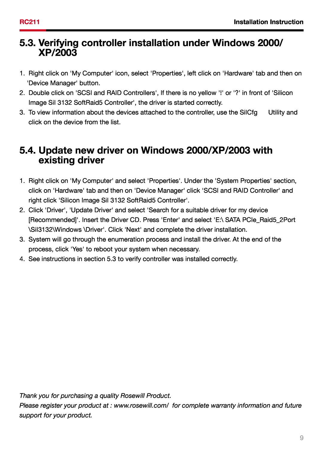 Rosewill RC211 user manual Verifying controller installation under Windows 2000/ XP/2003, Installation Instruction 