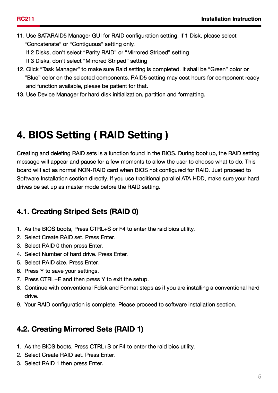 Rosewill RC211 user manual BIOS Setting RAID Setting, Creating Striped Sets RAID, Creating Mirrored Sets RAID 