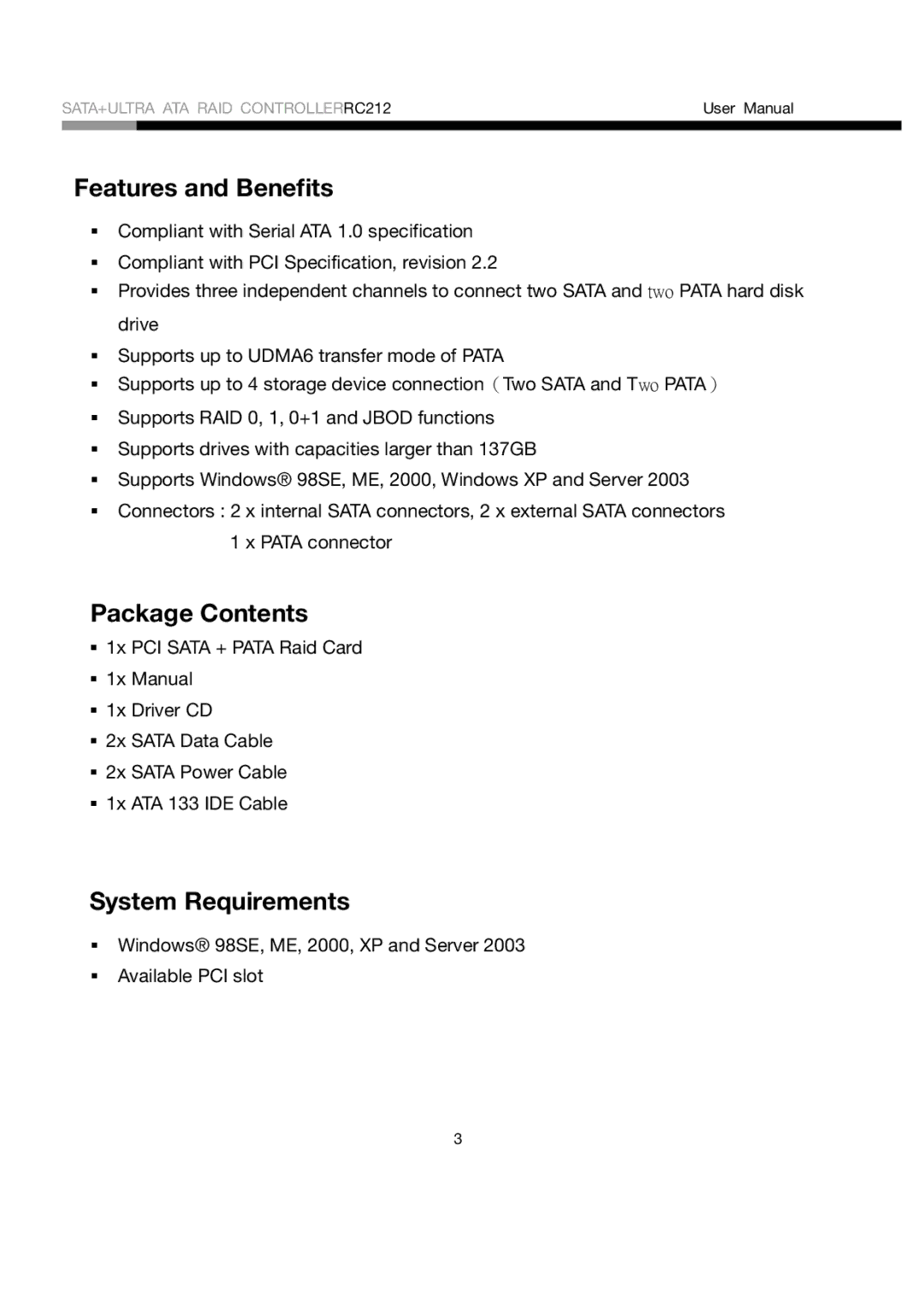 Rosewill RC212 user manual Features and Benefits 