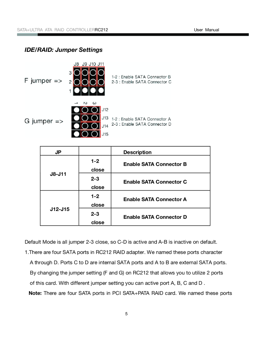 Rosewill RC212 user manual IDE/RAID Jumper Settings 