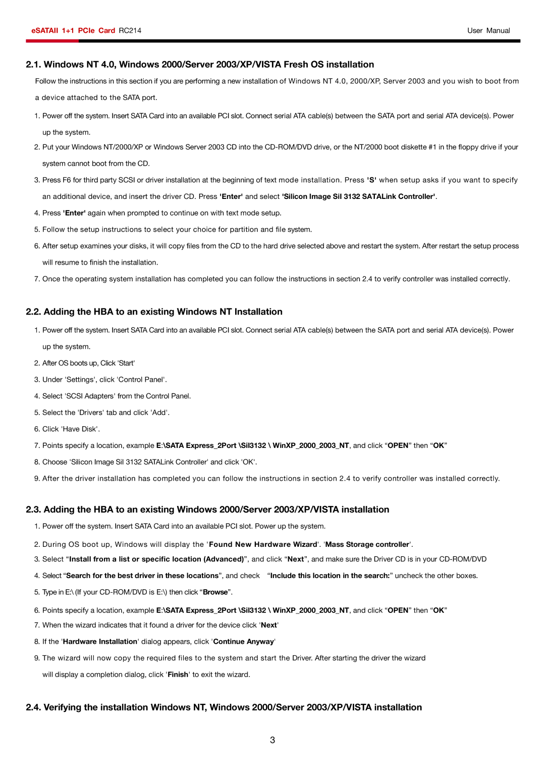 Rosewill RC214 user manual Adding the HBA to an existing Windows NT Installation 