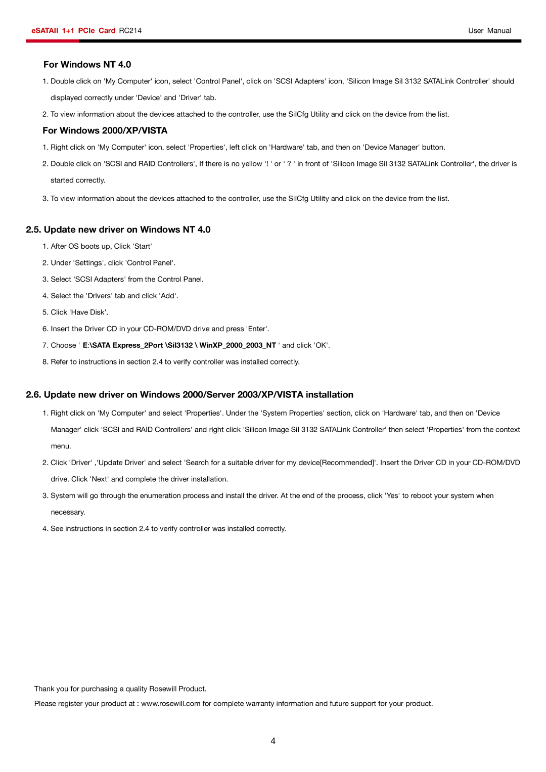 Rosewill RC214 user manual For Windows NT, For Windows 2000/XP/VISTA, Update new driver on Windows NT 