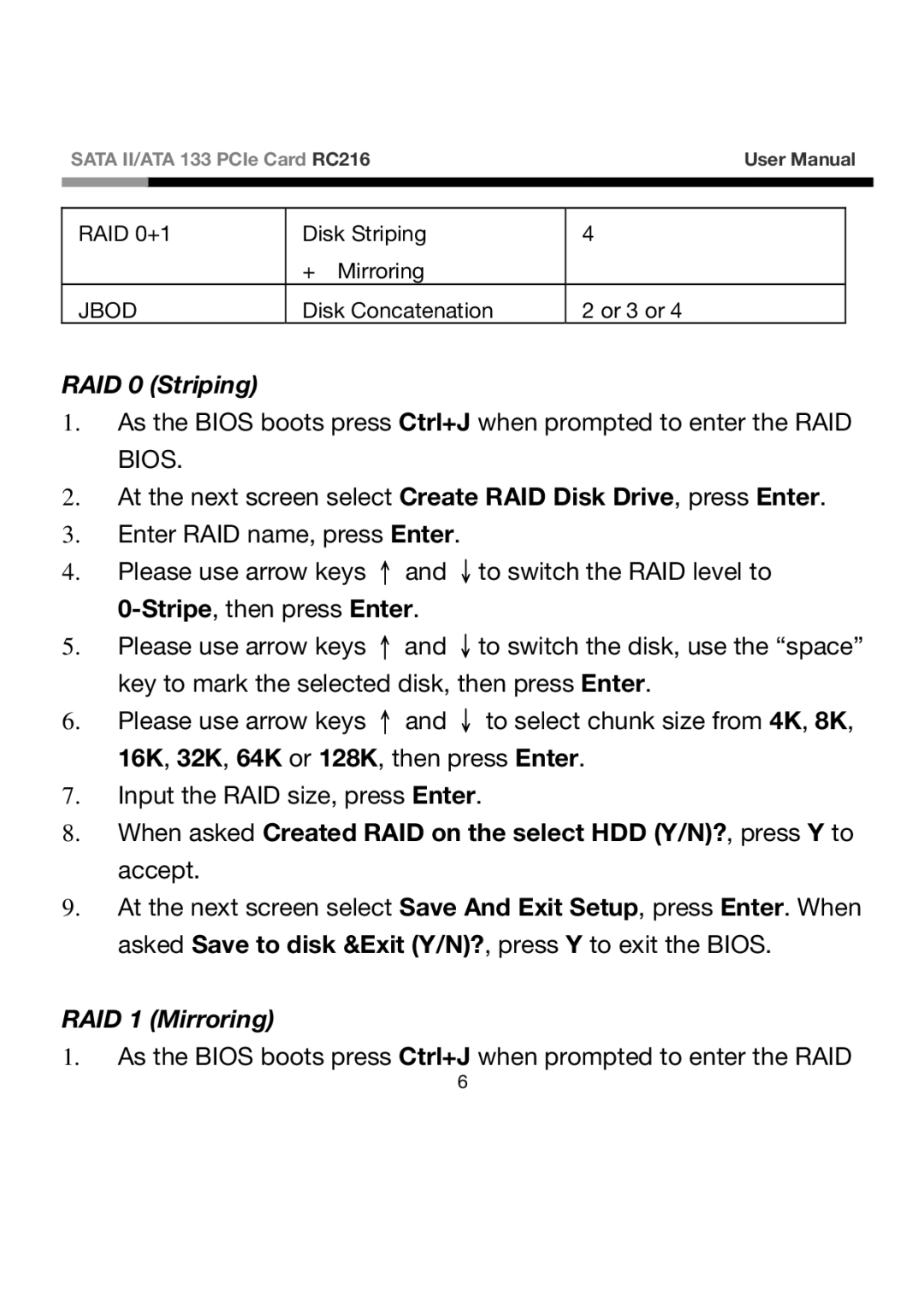 Rosewill RC216 user manual RAID 0 Striping, RAID 1 Mirroring 