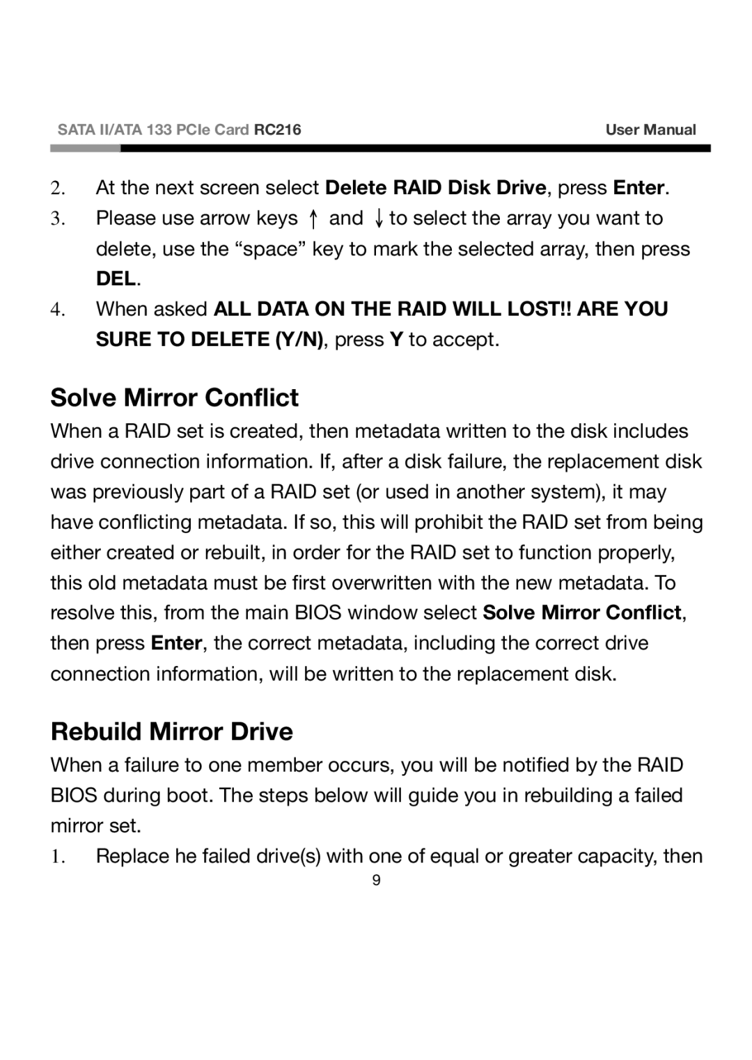 Rosewill RC216 user manual Solve Mirror Conflict, Rebuild Mirror Drive 