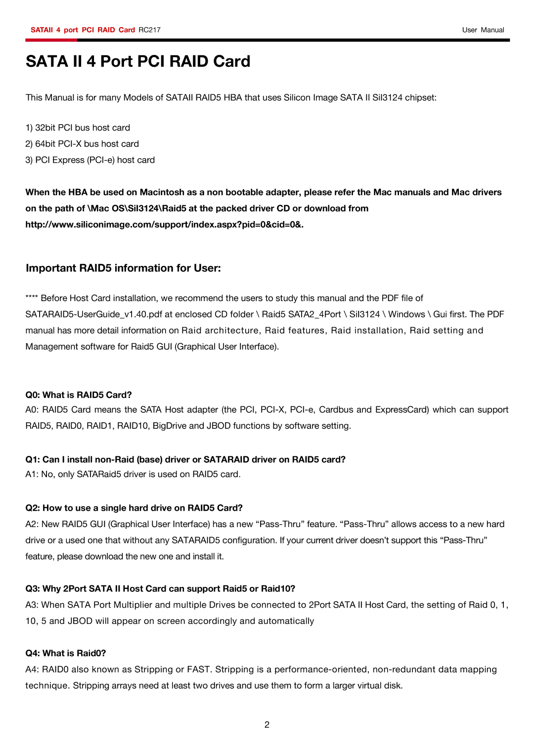 Rosewill RC217 user manual Important RAID5 information for User, Q0 What is RAID5 Card?, Q4 What is Raid0? 