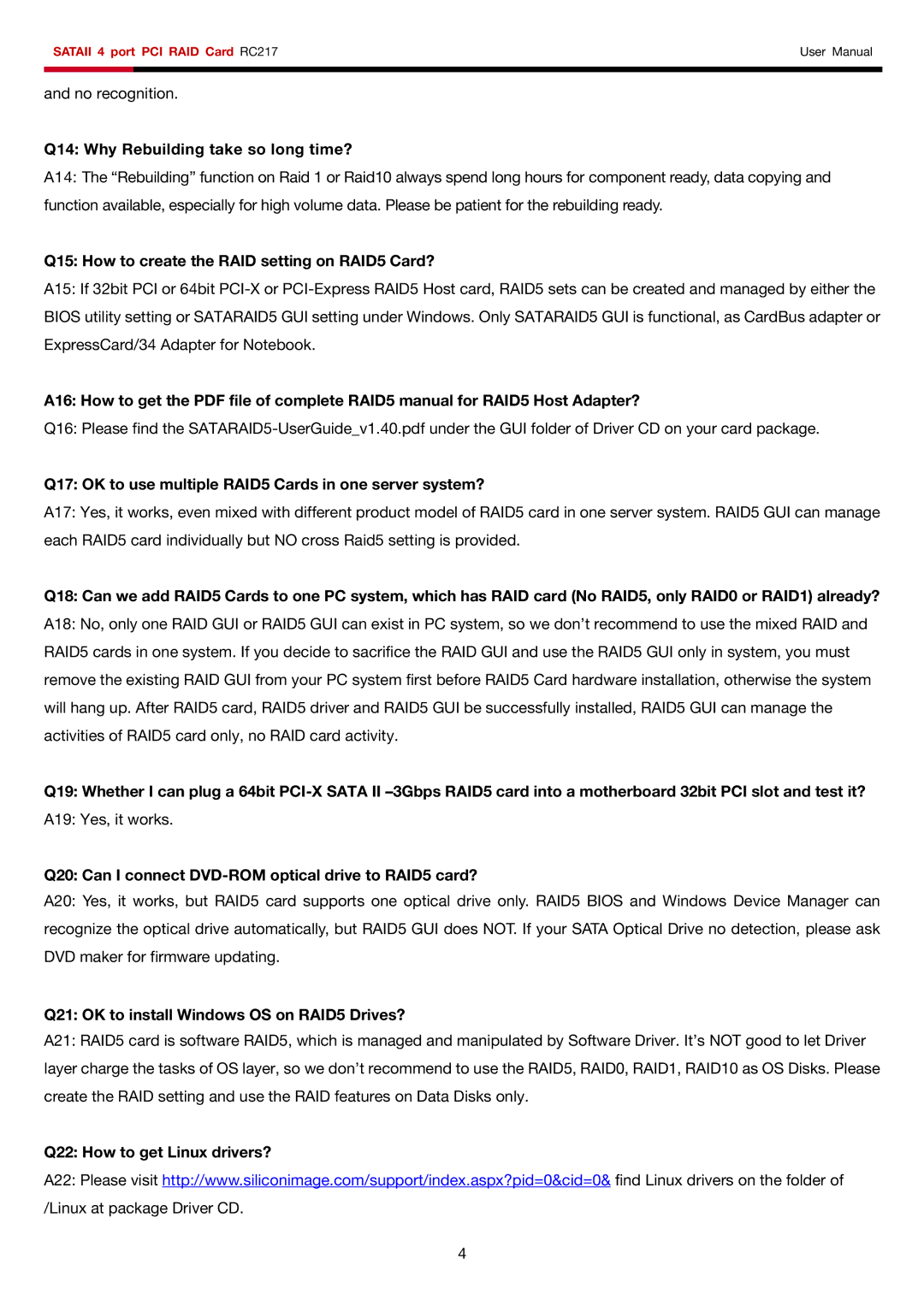 Rosewill RC217 user manual Q14 Why Rebuilding take so long time?, Q15 How to create the RAID setting on RAID5 Card? 