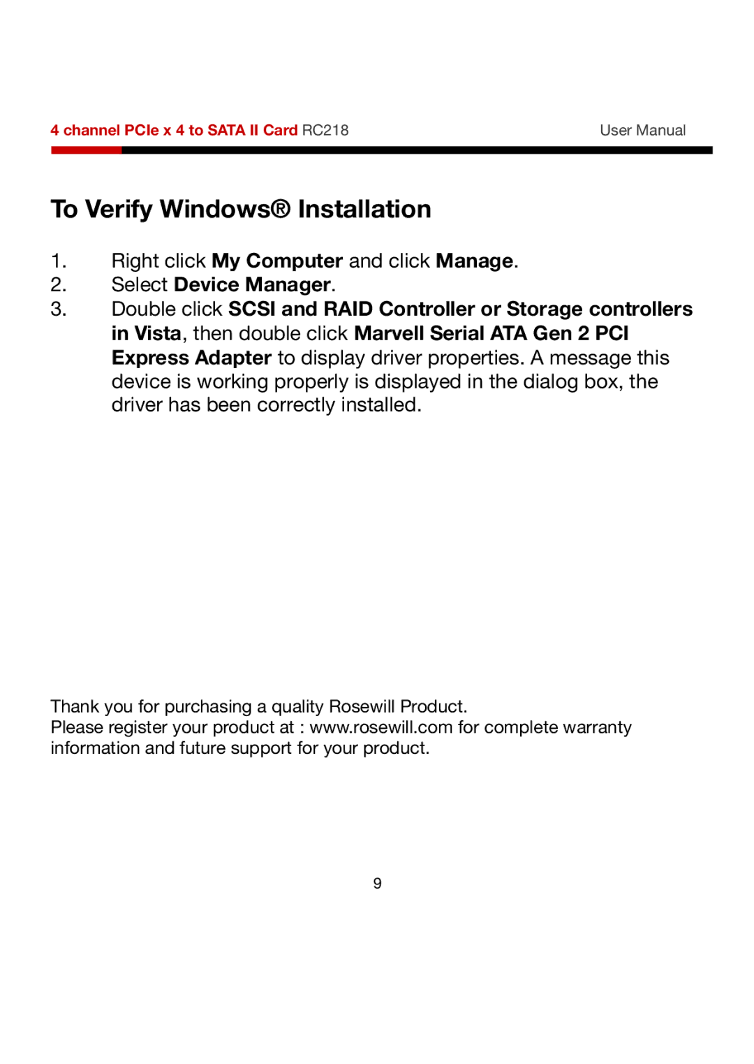 Rosewill RC218 user manual To Verify Windows Installation 