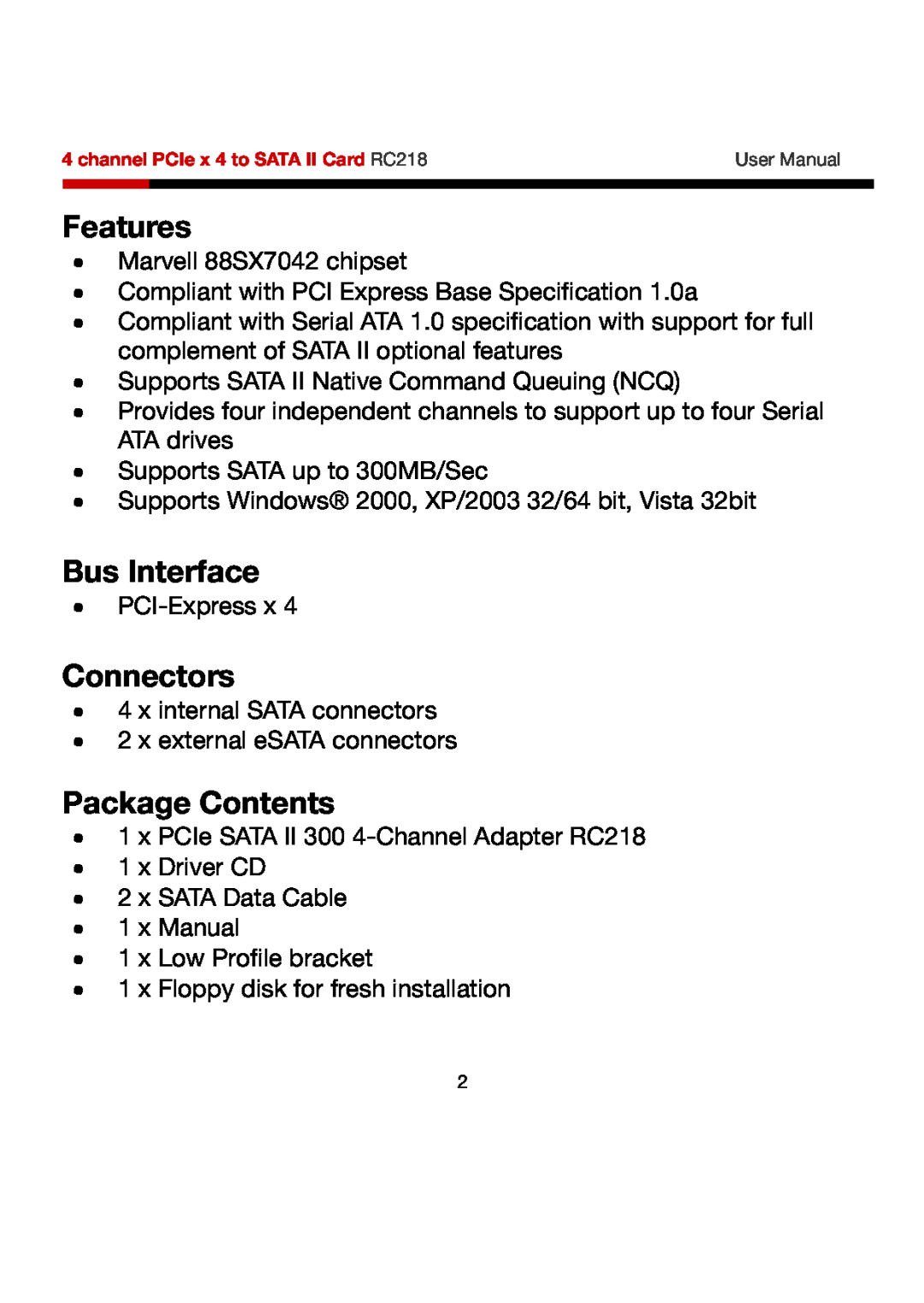 Rosewill RC218 user manual Features, Bus Interface, Connectors, Package Contents 