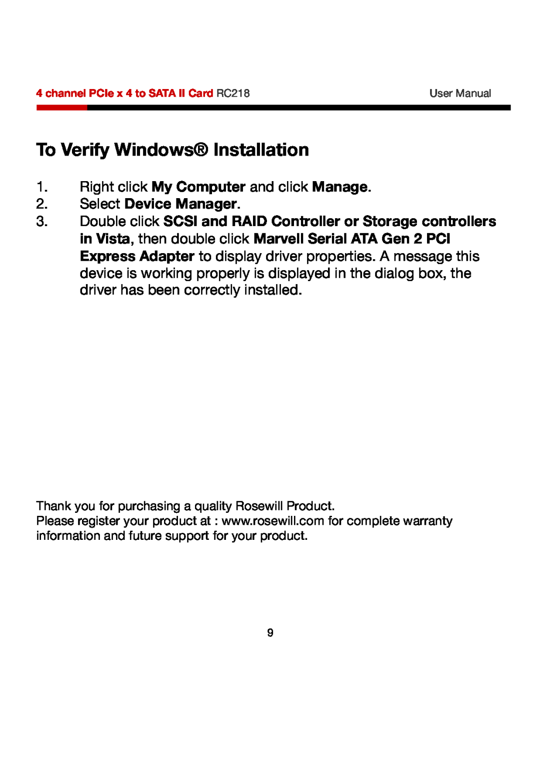 Rosewill RC218 user manual To Verify Windows Installation 