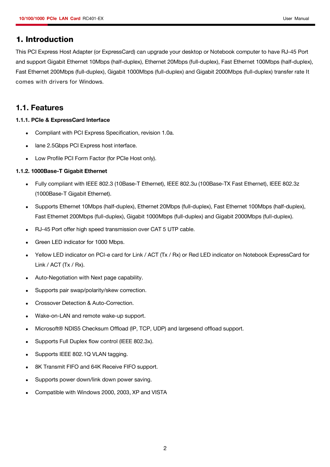 Rosewill RC401-EX user manual Introduction, Features, PCIe & ExpressCard Interface, Base-T Gigabit Ethernet 