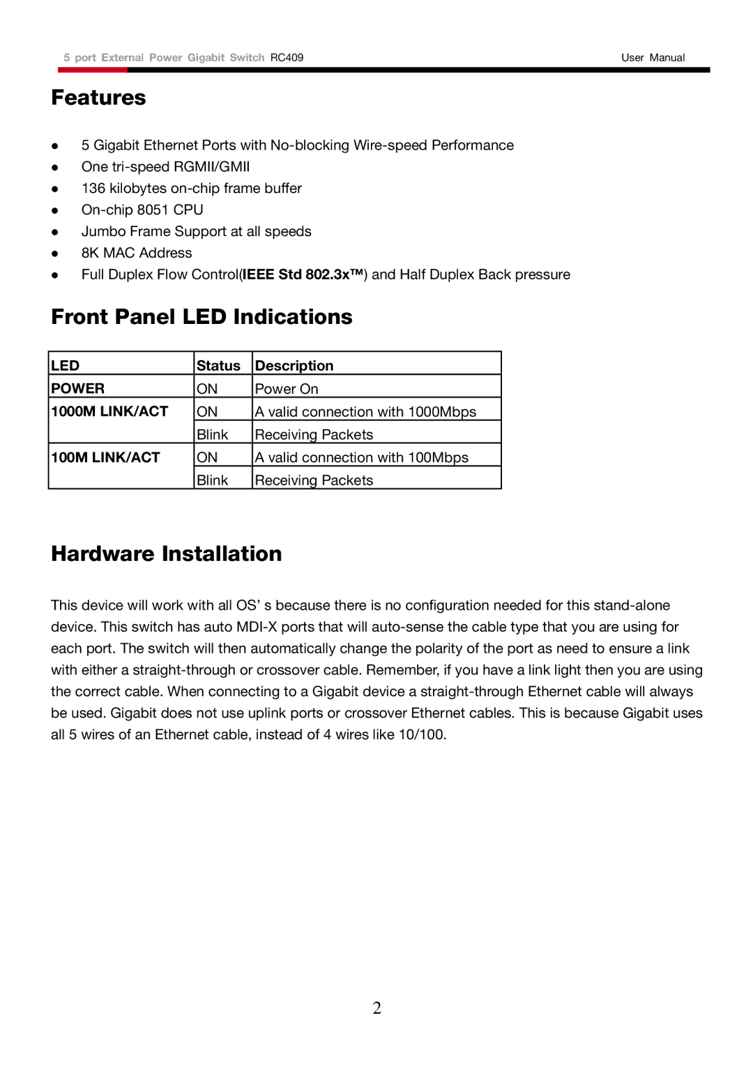 Rosewill RC409 Features, Front Panel LED Indications, Hardware Installation, LED Power 1000M LINK/ACT 100M LINK/ACT 