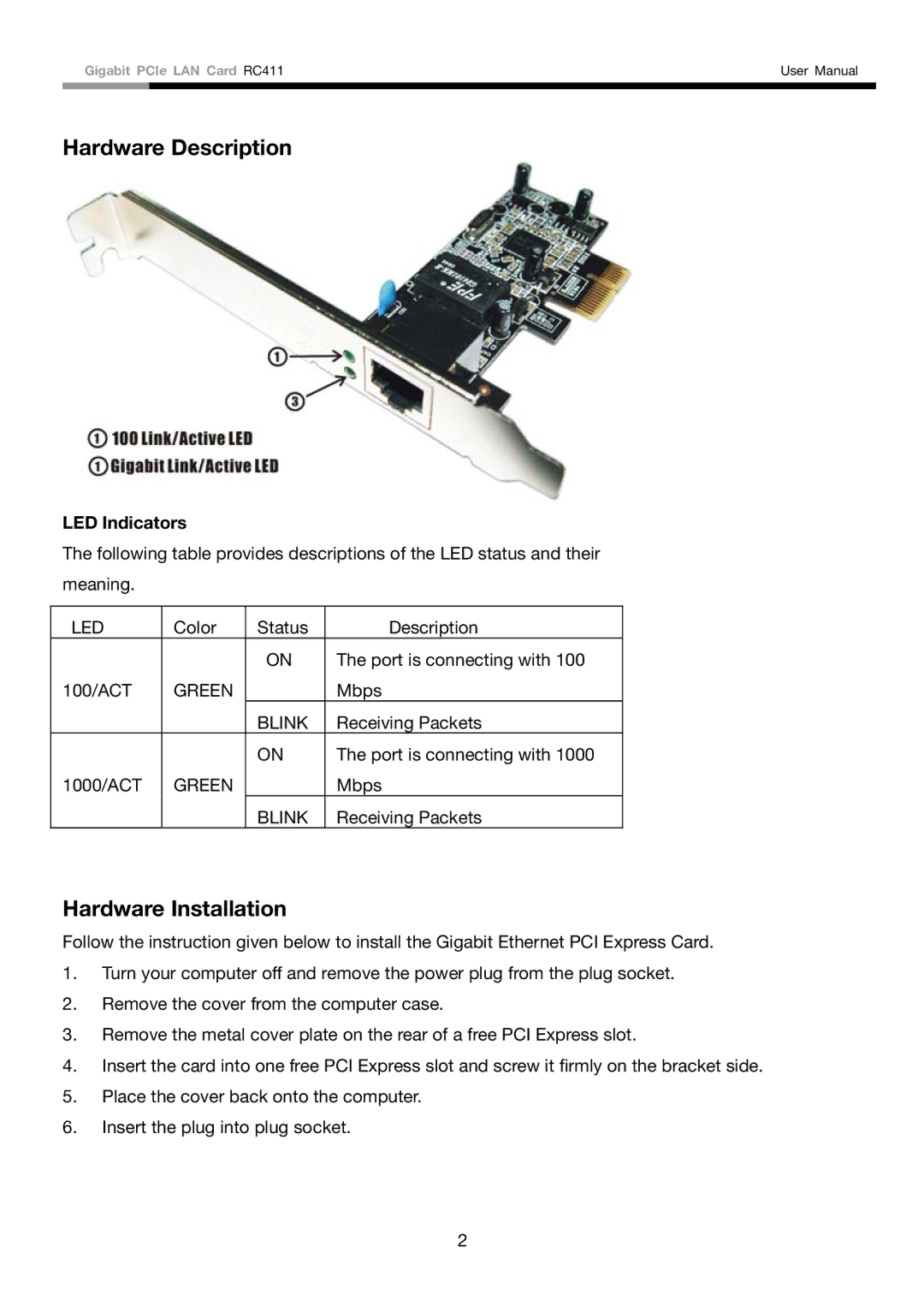 Rosewill RC411 user manual Hardware Description, Hardware Installation, LED Indicators 