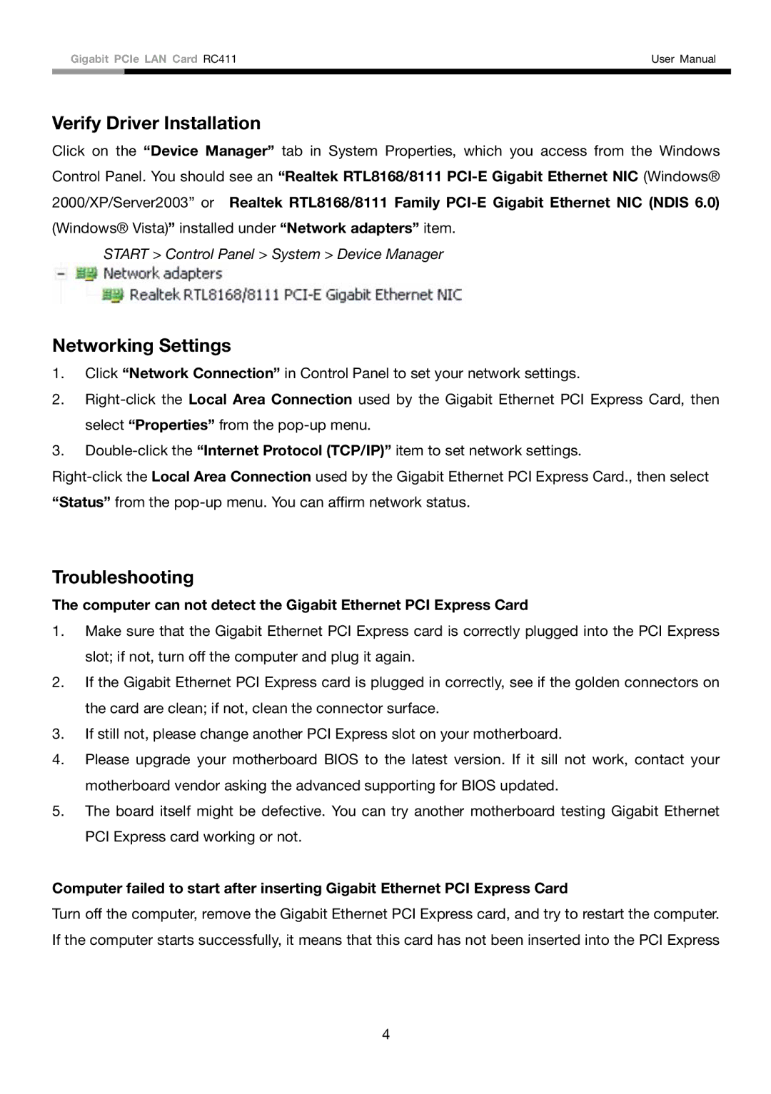 Rosewill RC411 user manual Verify Driver Installation, Networking Settings, Troubleshooting 