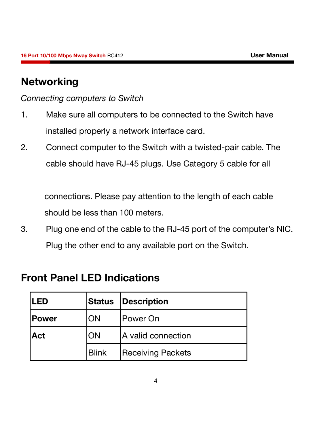 Rosewill RC412 user manual Networking, Front Panel LED Indications 