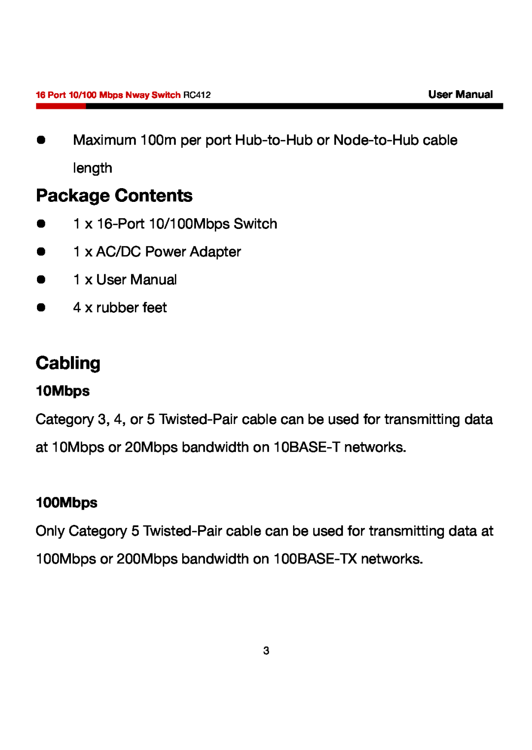 Rosewill RC412 user manual Package Contents, Cabling, 10Mbps, 100Mbps 