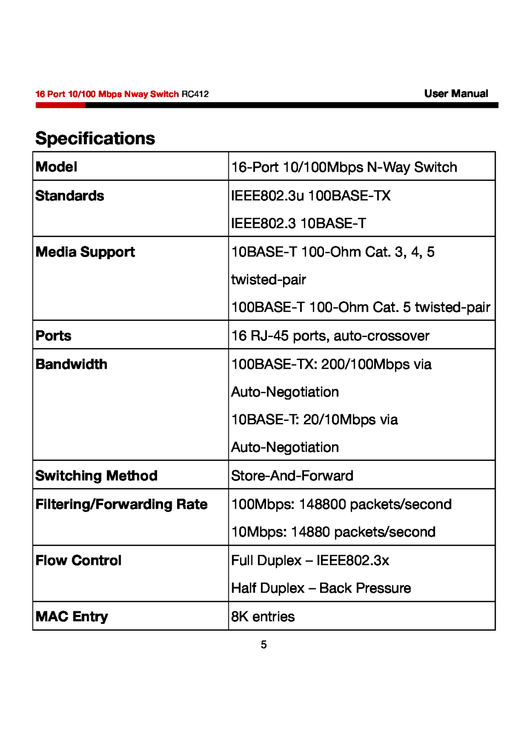 Rosewill RC412 Specifications, Model, Standards, Media Support, Ports, Bandwidth, Switching Method, Flow Control 
