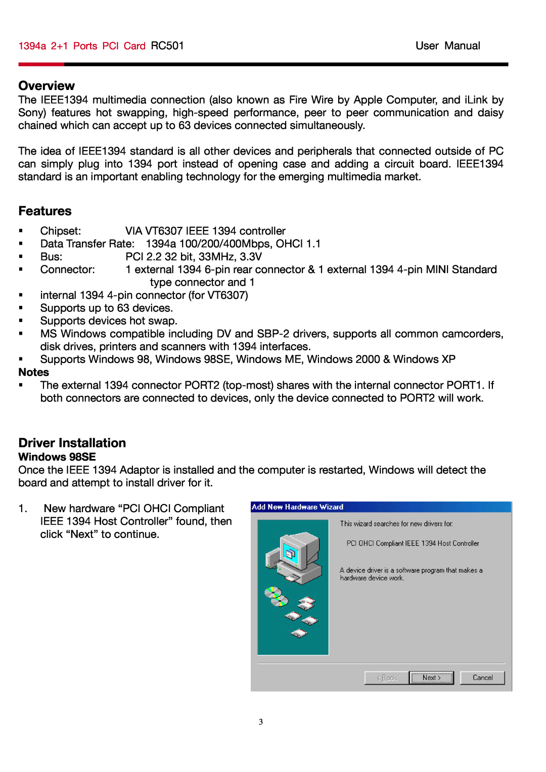 Rosewill RC501 user manual Windows 98SE, Overview, Features, Driver Installation 