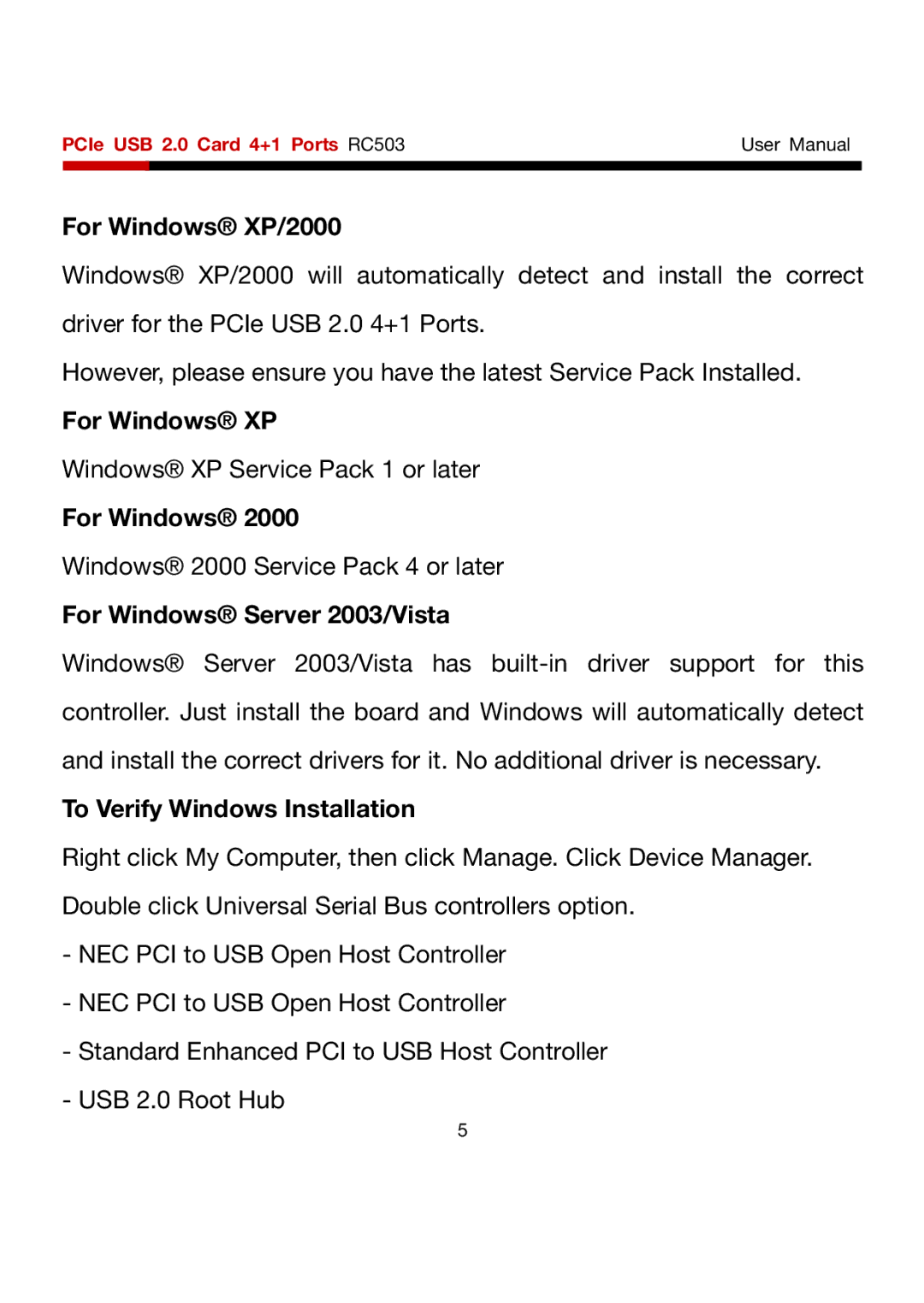 Rosewill RC503 user manual For Windows XP 