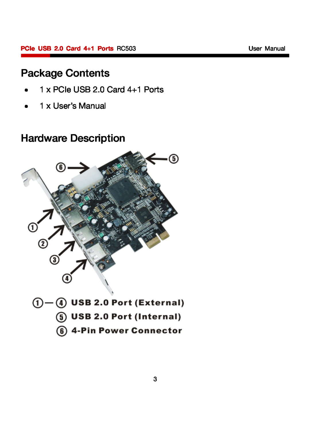 Rosewill RC503 Package Contents, Hardware Description, x PCIe USB 2.0 Card 4+1 Ports 1 x User’s Manual, User Manual 