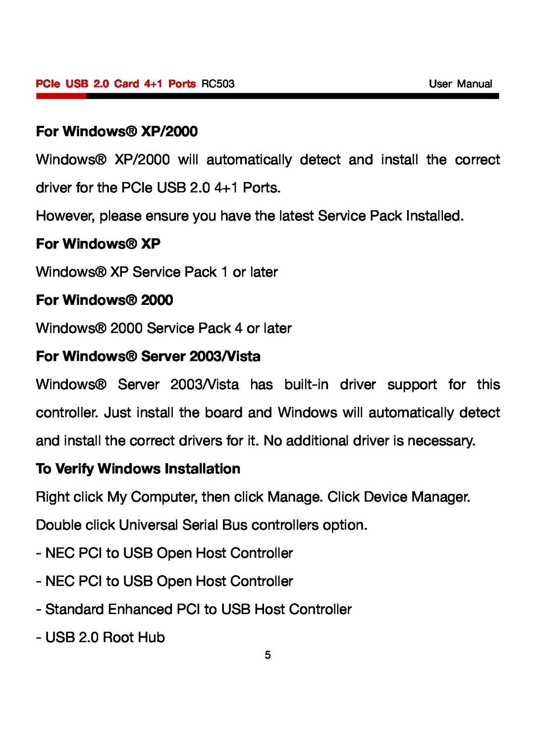 Rosewill RC503 user manual For Windows XP/2000, For Windows Server 2003/Vista, To Verify Windows Installation 