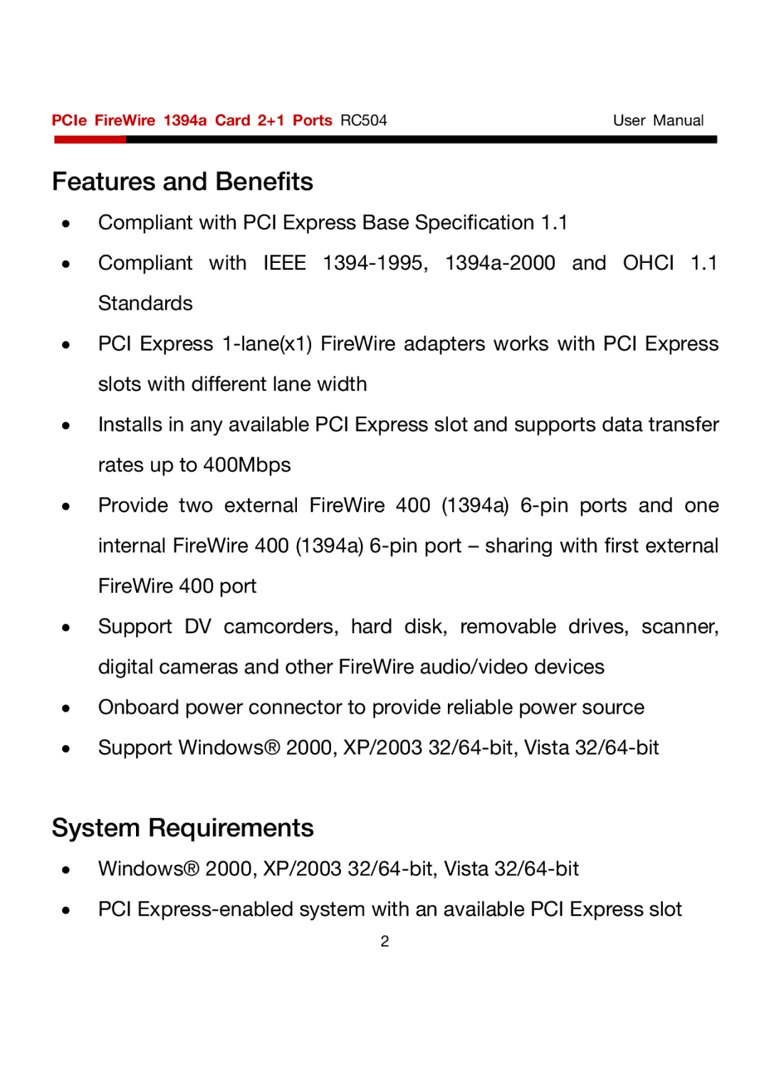 Rosewill RC504 user manual Features and Benefits, System Requirements 