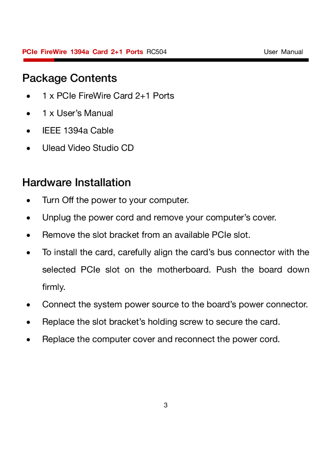 Rosewill RC504 user manual Package Contents, Hardware Installation 