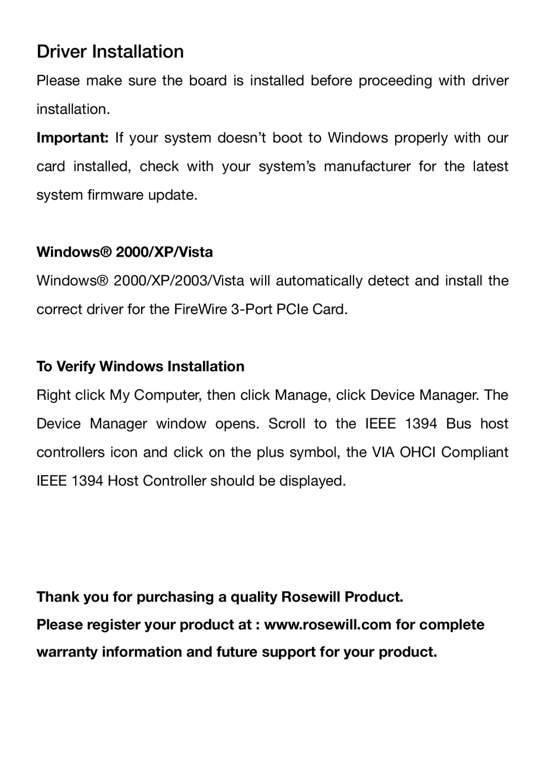 Rosewill RC504 user manual Driver Installation, Windows 2000/XP/Vista 