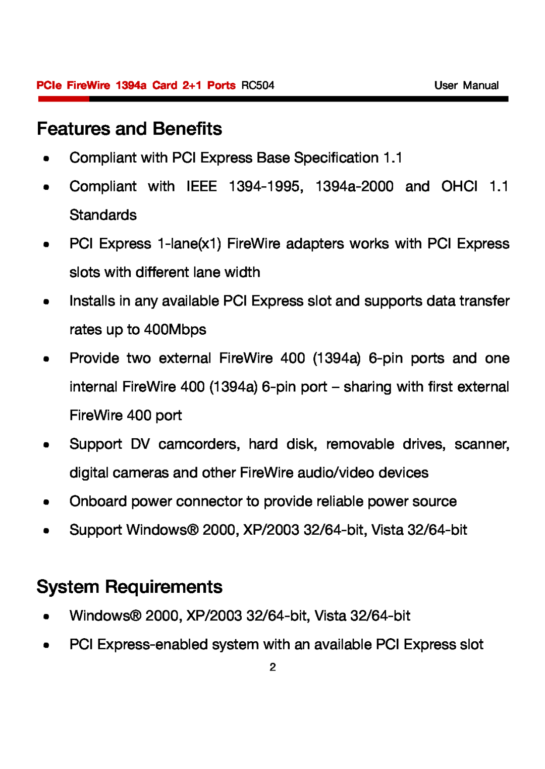 Rosewill RC504 user manual Features and Benefits, System Requirements 