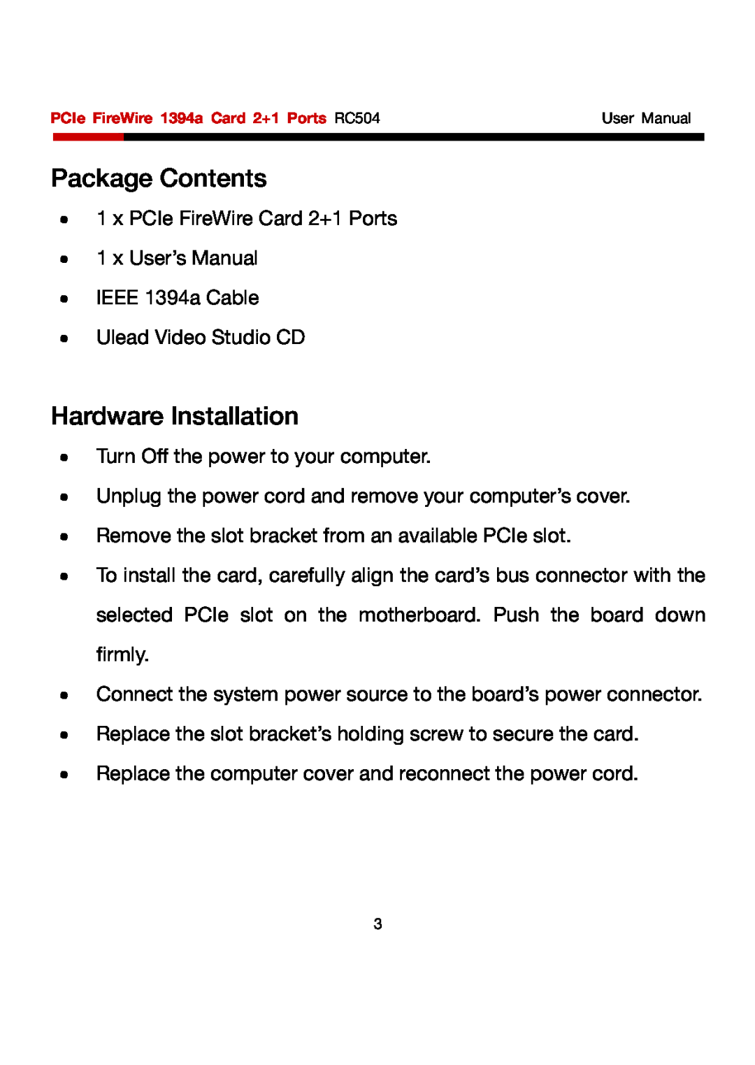 Rosewill RC504 user manual Package Contents, Hardware Installation 