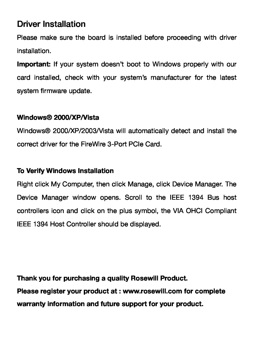 Rosewill RC504 user manual Driver Installation, Windows 2000/XP/Vista, To Verify Windows Installation 