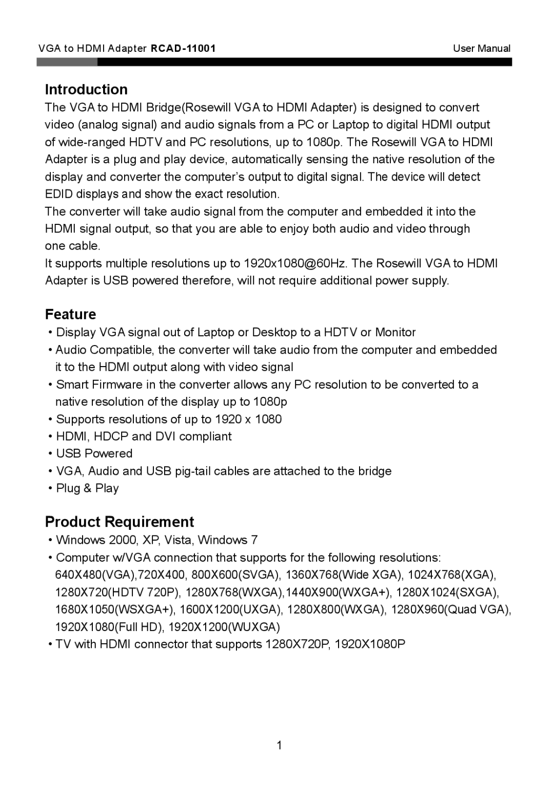 Rosewill RCAD-11001 user manual Introduction, Feature 