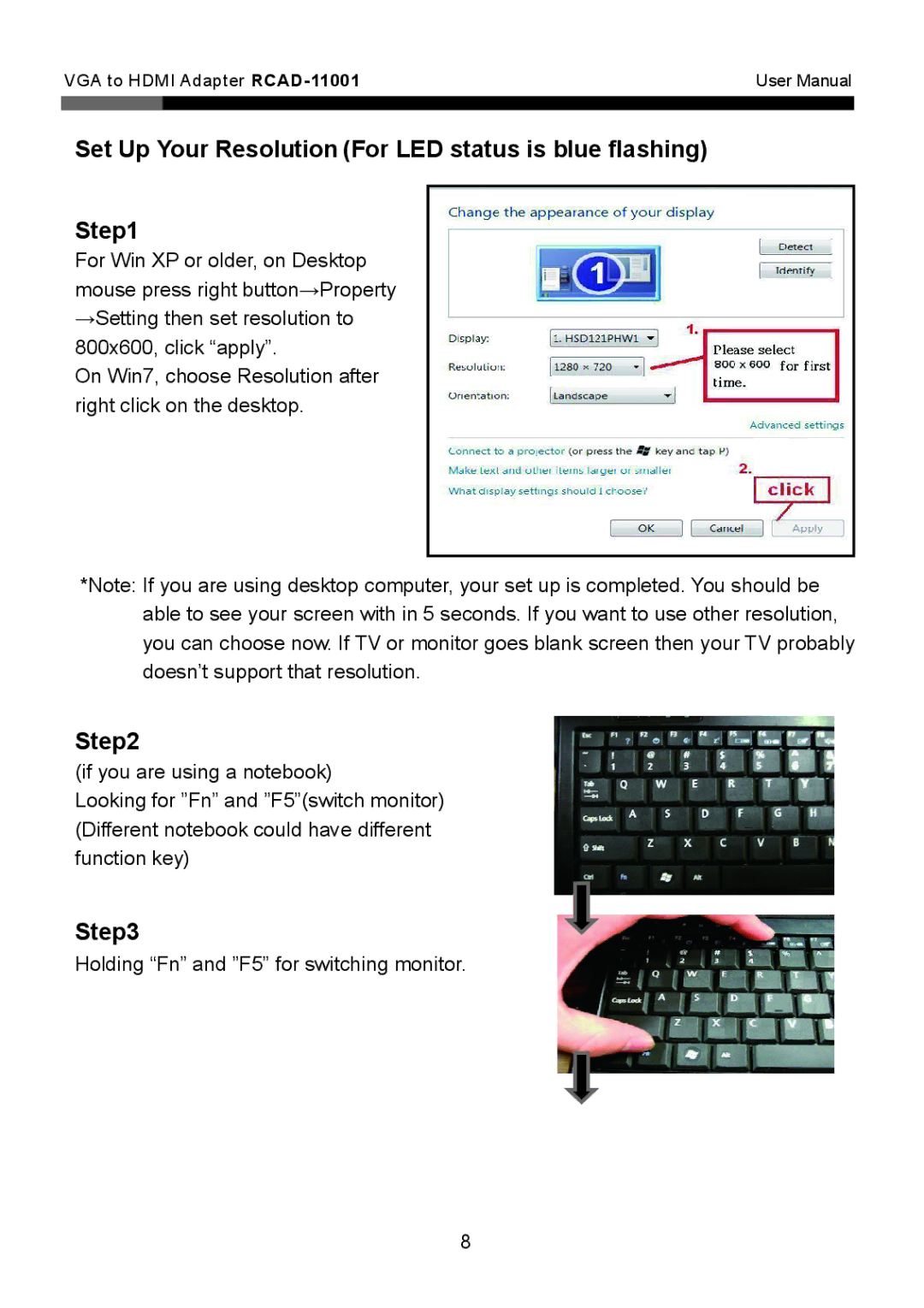 Rosewill RCAD-11001 user manual Set Up Your Resolution For LED status is blue flashing 