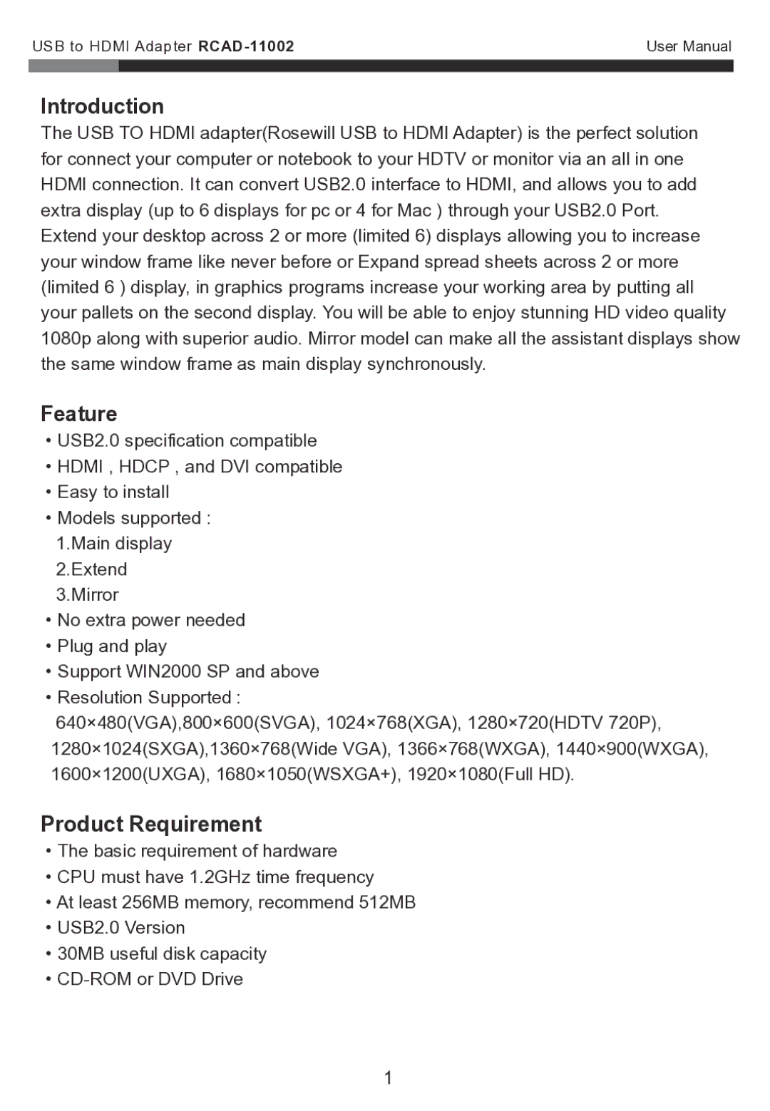 Rosewill RCAD-110D2 user manual Introduction, Feature 