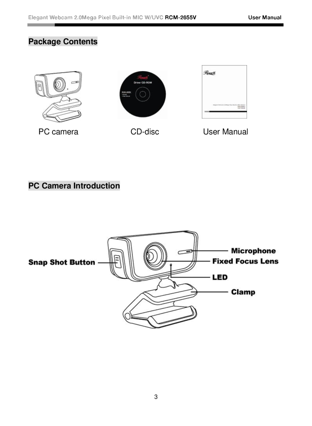 Rosewill rcm-2655-v user manual Package Contents, PC Camera Introduction 