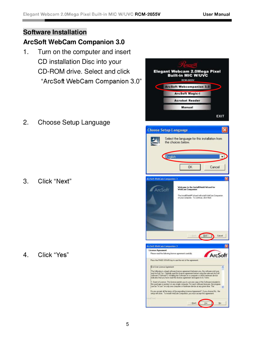 Rosewill rcm-2655-v user manual Software Installation ArcSoft WebCam Companion 