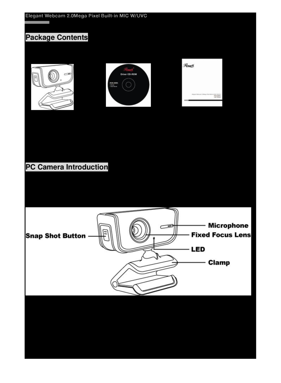 Rosewill rcm-2655-v user manual PC camera, CD-disc, User Manual, Package Contents, PC Camera Introduction 