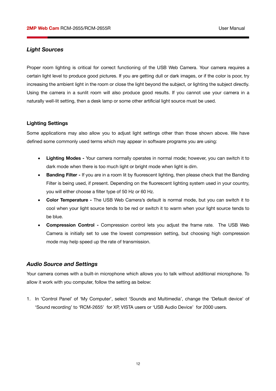 Rosewill RCM-2655R user manual Light Sources, Audio Source and Settings, Lighting Settings 