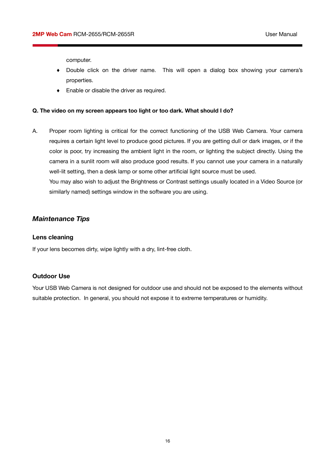 Rosewill RCM-2655R user manual Maintenance Tips, Lens cleaning, Outdoor Use 