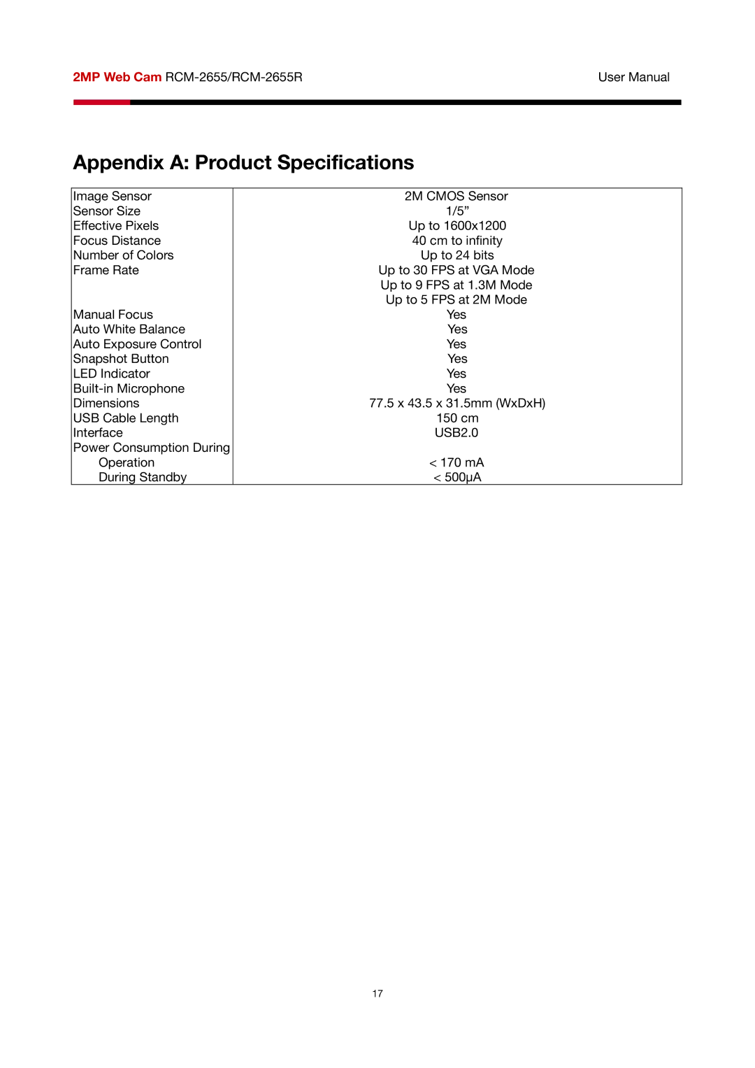 Rosewill RCM-2655R user manual Appendix a Product Specifications 