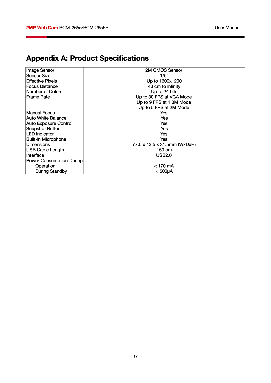Rosewill RCM-2655R user manual Appendix A Product Specifications 