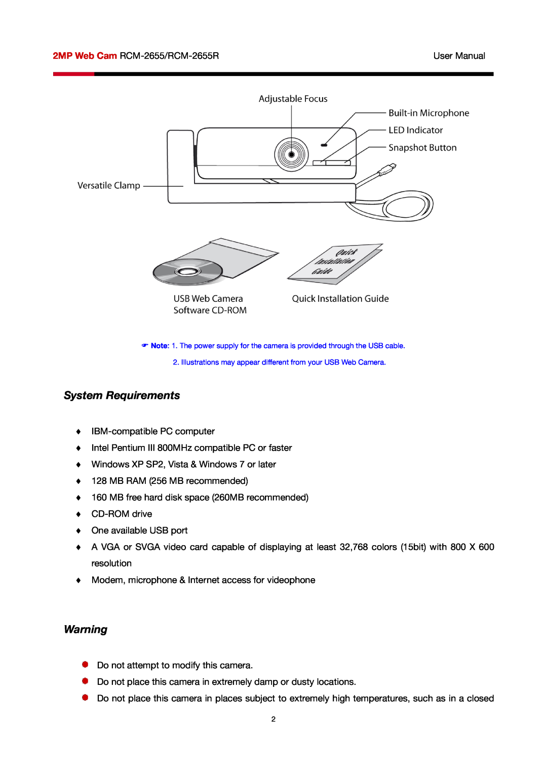 Rosewill RCM-2655R user manual System Requirements, Illustrations may appear different from your USB Web Camera 