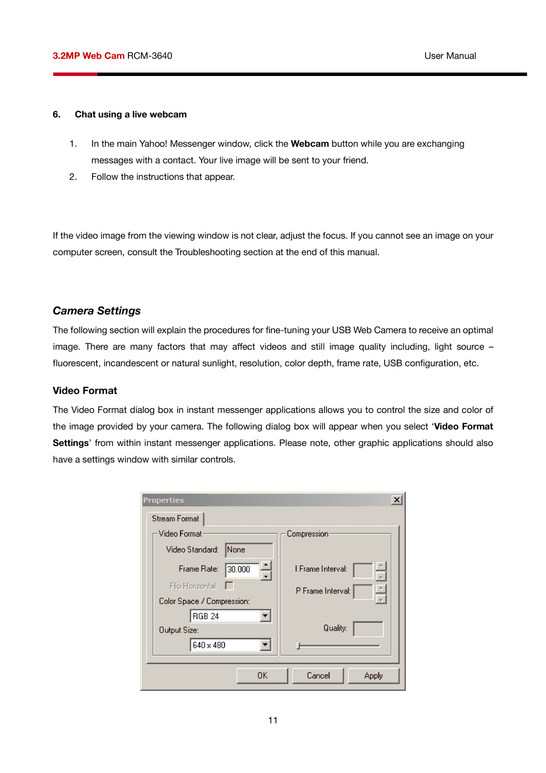 Rosewill RCM-3640 user manual Camera Settings, Video Format 